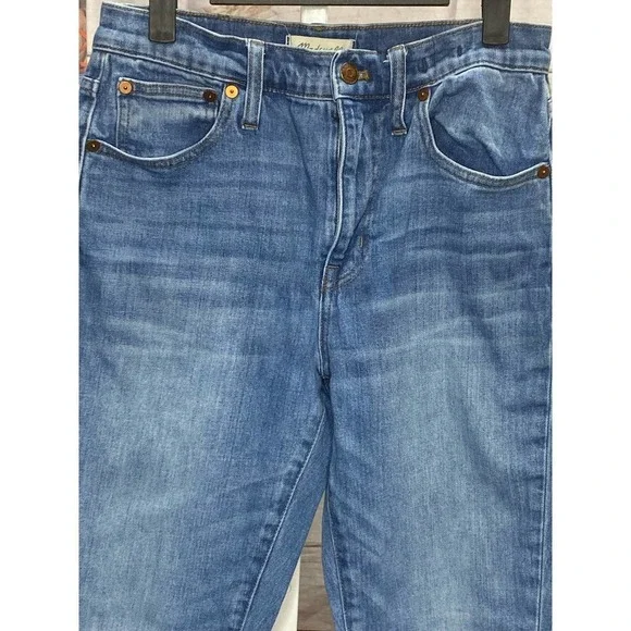 MADEWELL High Rise Slim Crop Boyfriend Jeans 25 Raw Hem Denim Cotton Blend Blue - Picture 4 of 5